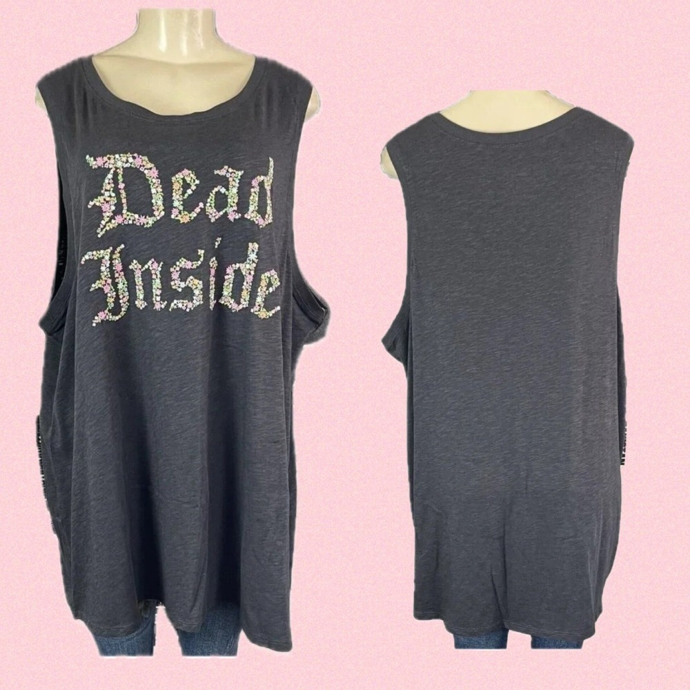 Vintage By Torrid 5X Gray Dead Inside Floral Embroidered Graphic Muscle Tank Top